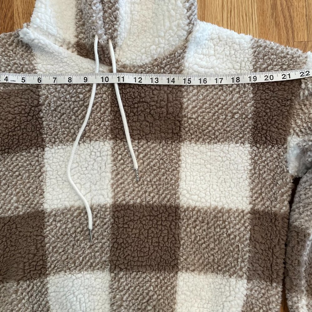 Shein Buffalo Plaid Print Drawstring Hoodie Brown White Women’s Size Small - Picture 7 of 9